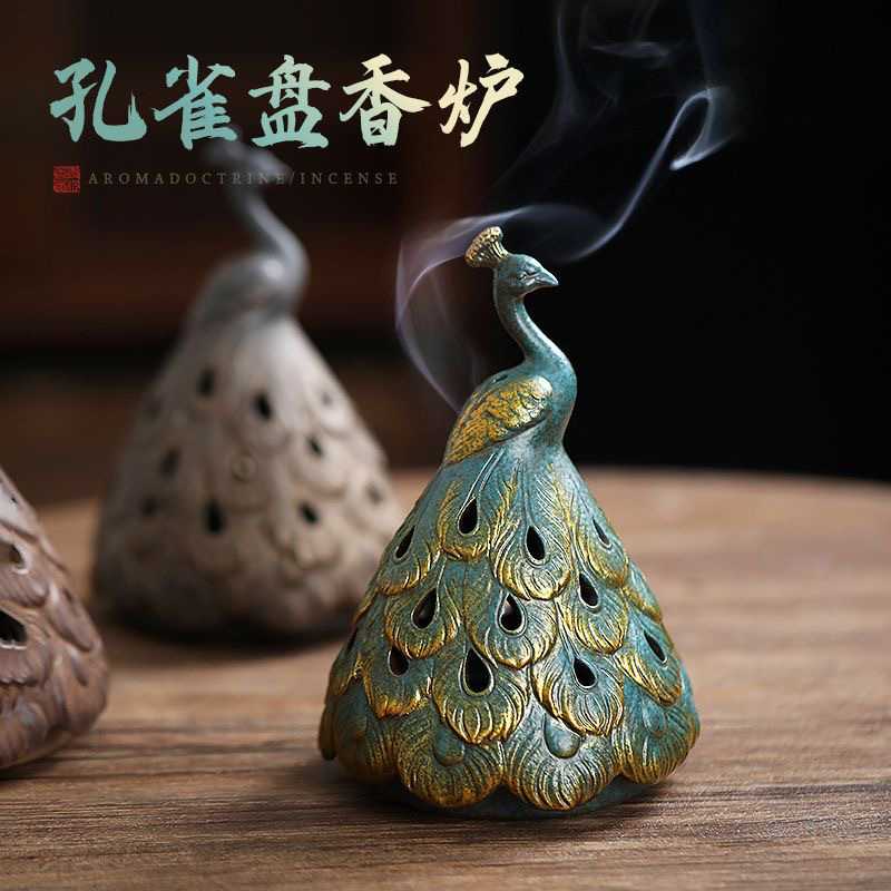 Lư xông hương gốm sứ, lư hương đĩa con công sáng tạo gia dụng, lư hương trong nhà, lư hương gỗ đàn hương, trà đạo