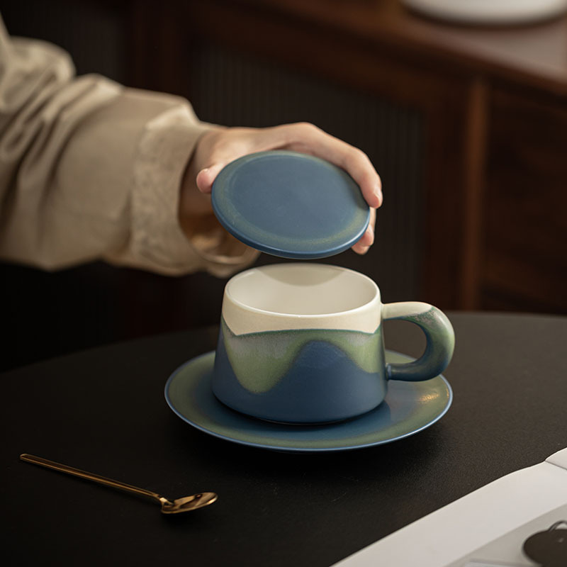 Tách cà phê núi kèm đĩa, cốc sứ gia dụng có nắp, cốc uống nước cá nhân văn phòng, cốc đôi