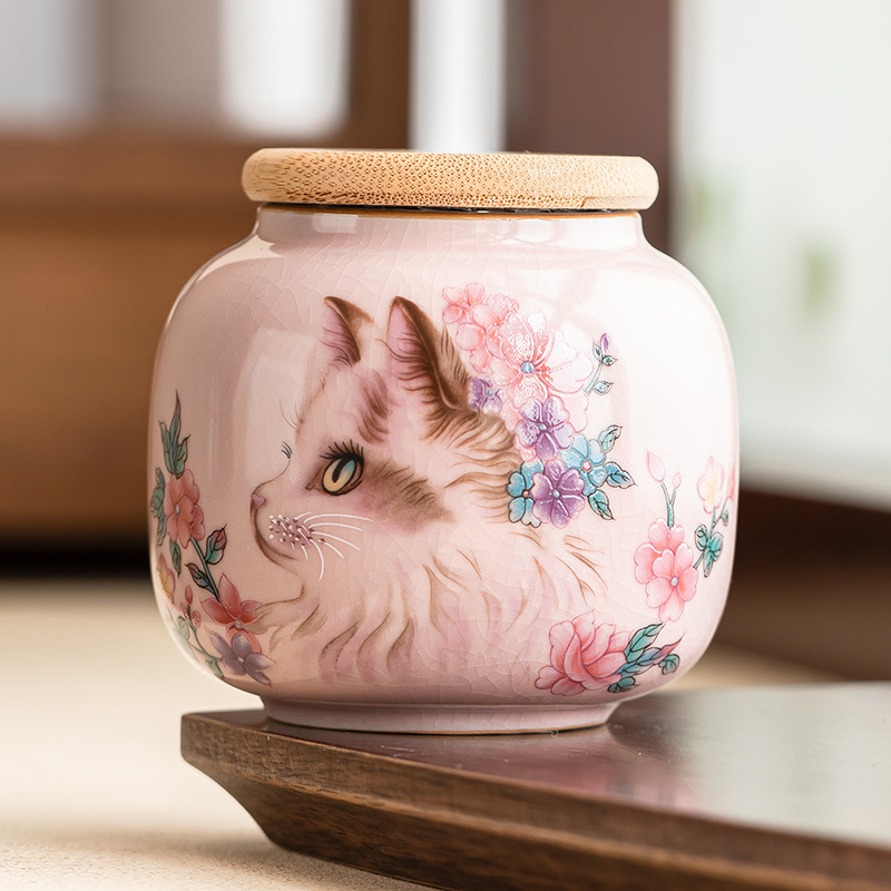 Hộp đựng trà họa tiết mèo Ru Kiln tối giản, hộp đựng kín chống ẩm, lọ đựng trà bằng gốm mở phía trước để sử dụng tại nhà.