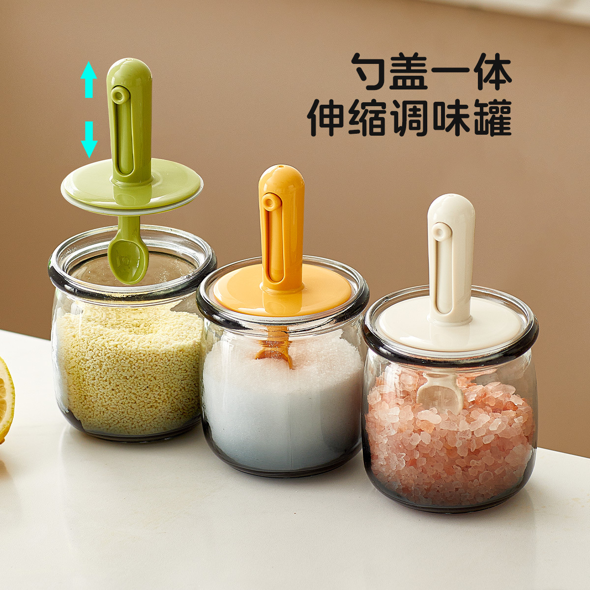 Hộp gia vị ống lồng, lọ gia vị bếp thủy tinh, nắp thìa, lọ gia vị bột ngọt tích hợp, lọ muối gia dụng, bộ lọ gia vị