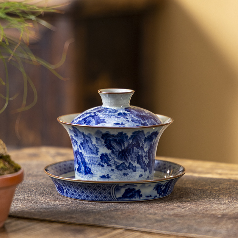 Jingdezhen Blue and Blue and Blue Mountain Range Rover Horseshoe Sancai Bát trà Cốc trà Bát trà Kung Fu cao cấp Bộ trà