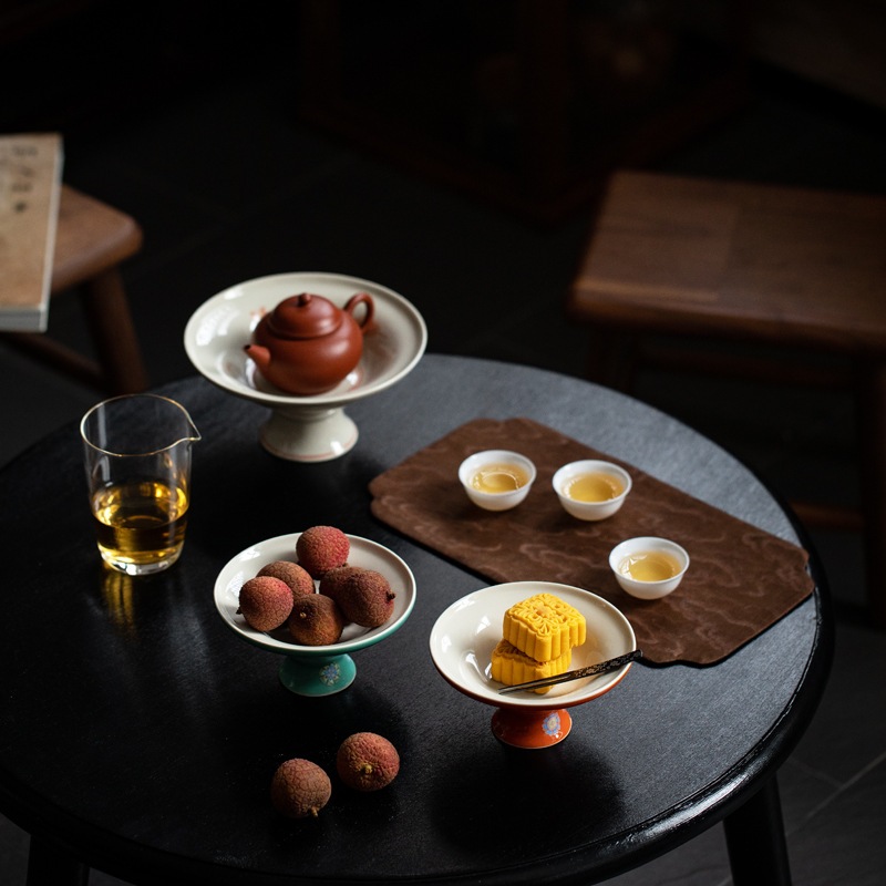 Khay giải khát màu xanh ngọc lam kiểu Nhật, khay bánh ngọt hoa quả cao gốm sứ đơn giản cỡ lớn gia dụng, Khay trà, khay ăn vặt