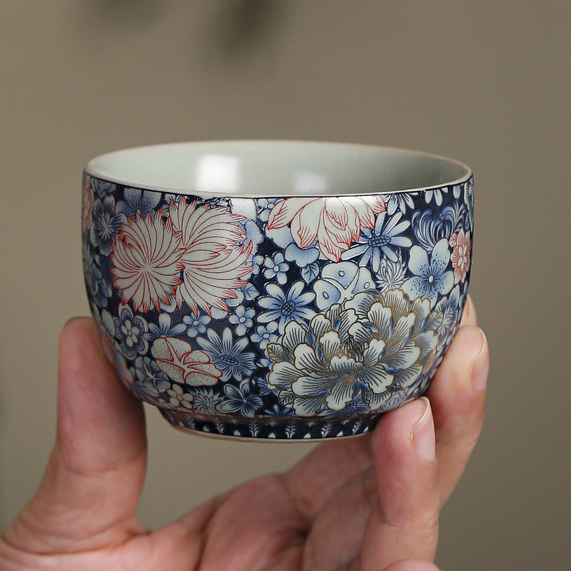 Cốc trà Ruyao màu xanh và trắng cốc chủ nhân cao cấp đầy hoa phong cách Trung Quốc cốc cốc hình trụ cổ cốc trà hương vị cổ điển cốc đơn