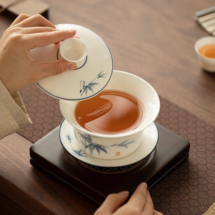Bóng tre lơ lửng bát nắp ba tài bát pha trà sứ trắng gốm sứ đơn bát trà lớn chén trà