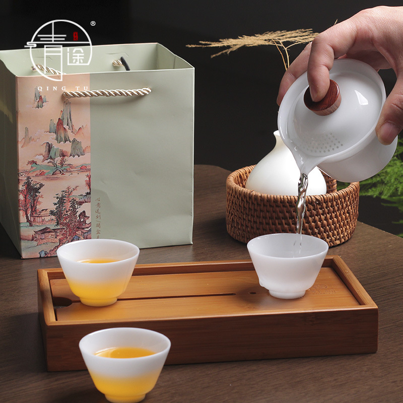 Bộ du lịch một nồi ba cốc ngoài trời di động Bộ cốc trà Kung Fu với cốc sứ đá quý nhanh.