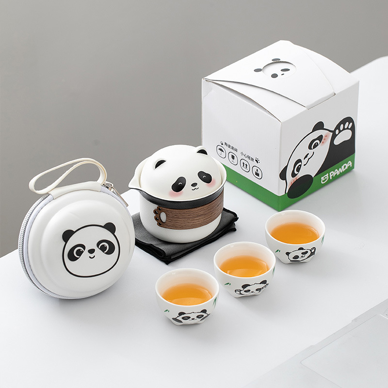 Bộ dụng cụ trà du lịch di động bằng gốm sứ Panda Kuaike Cup Bộ một ấm ba cốc cắm trại ngoài trời ấm trà