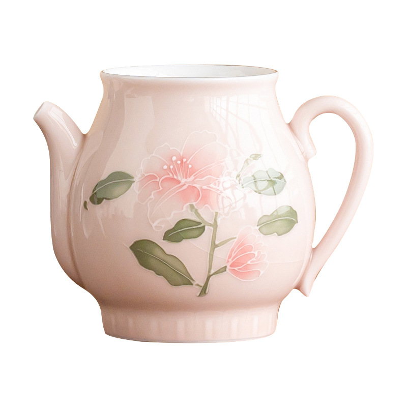 Hàng đống vẽ tay chạm khắc hoa huệ màu hồng, ấm tay cầm bằng gốm, dụng cụ pha trà chuyên dụng pha trà gia dụng, dụng cụ chia tách trà