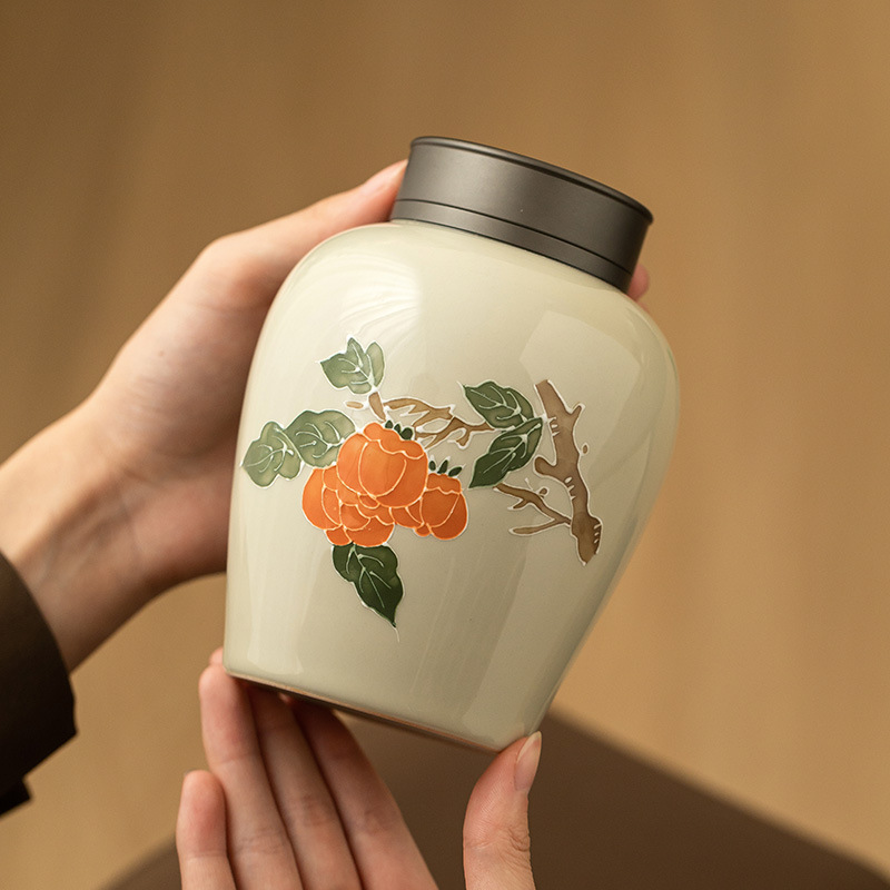 Vẽ tay hồng hồng mơ hợp kim nắp gốm sứ bộ trà bình đựng trà bình đựng trà dung tích lớn bình kín chống ẩm bình rỗng