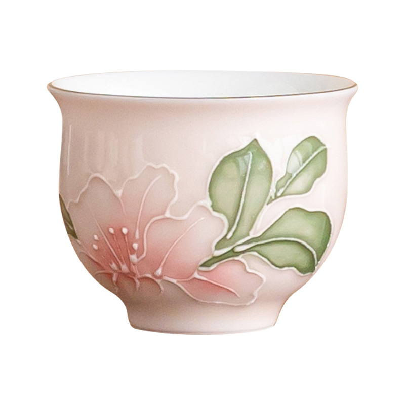 Chén trà gốm hoa huệ hồng chạm khắc vẽ tay chén trà chén trà phong cách Trung Quốc chén trà nhỏ chén gia chủ cao cấp cốc đơn