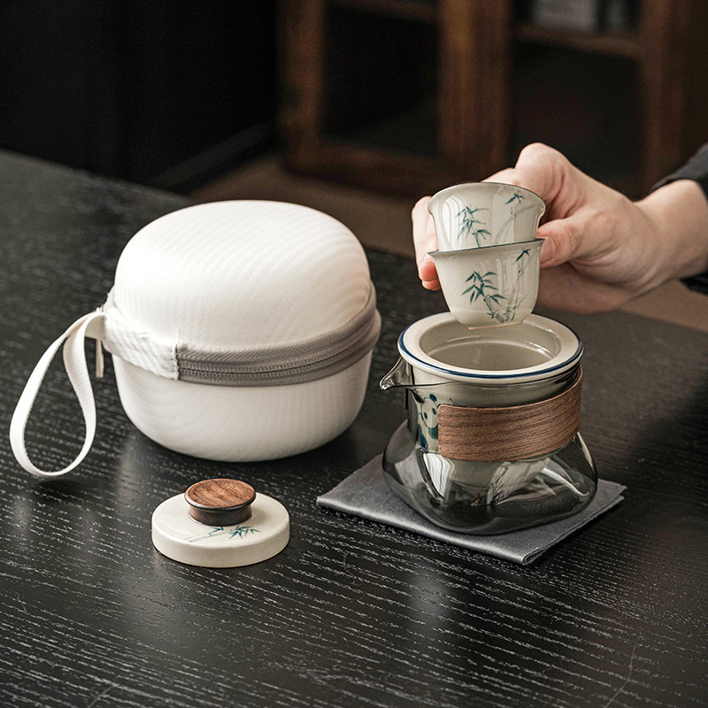 Bộ trà du lịch gấu trúc vẽ tay màu xám thực vật bộ trà di động thiết bị uống trà gốm sứ nhanh túi lưu trữ cốc khách
