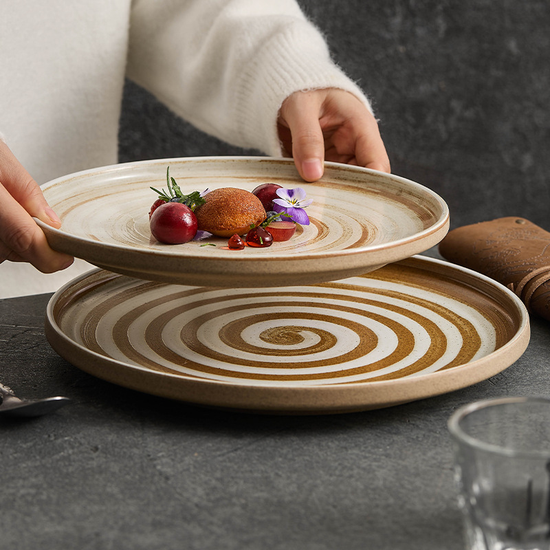 Đĩa phẳng gốm sứ Đĩa ren gốm thô cổ điển Đĩa có giá trị cao Đĩa món ăn gia dụng Đĩa ăn phương Tây Đĩa bít tết