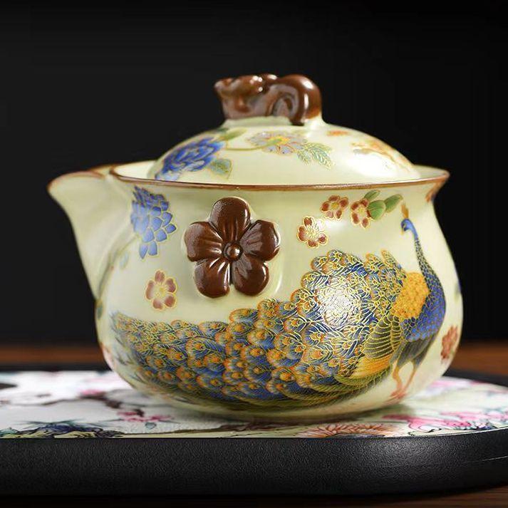 Ấm pha trà, ấm công, ấm cầm tay lò Ru, chén trà nắp bát, bộ trà kungfu du lịch gia dụng cao cấp chống bỏng, gốm sứ