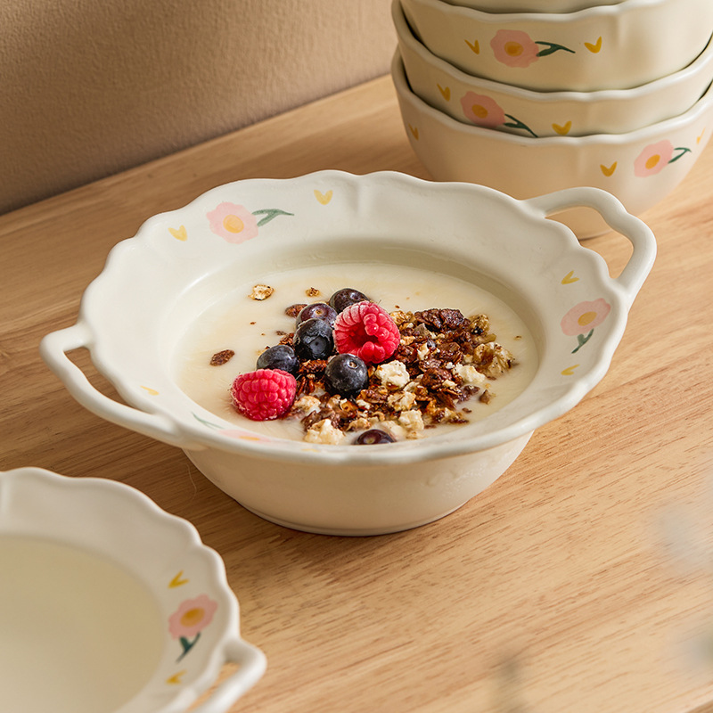 Bát gốm sứ viền hoa mẫu đơn bát cơm bát canh hai tai bát sữa chua ăn sáng gia dụng bát salad giá trị cao