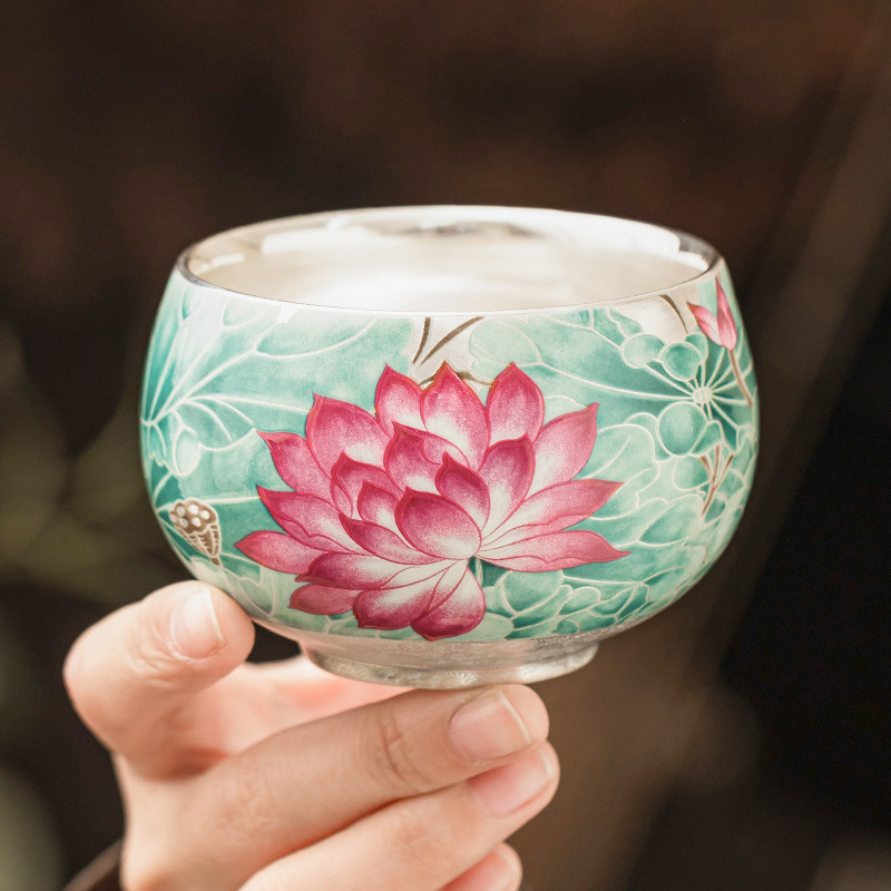 Cốc trà gốm sứ ánh trăng ao sen mạ bạc 999 tách trà cốc chủ nhân cổ điển Trung Quốc cốc trà chuyên dụng cá nhân cốc đơn