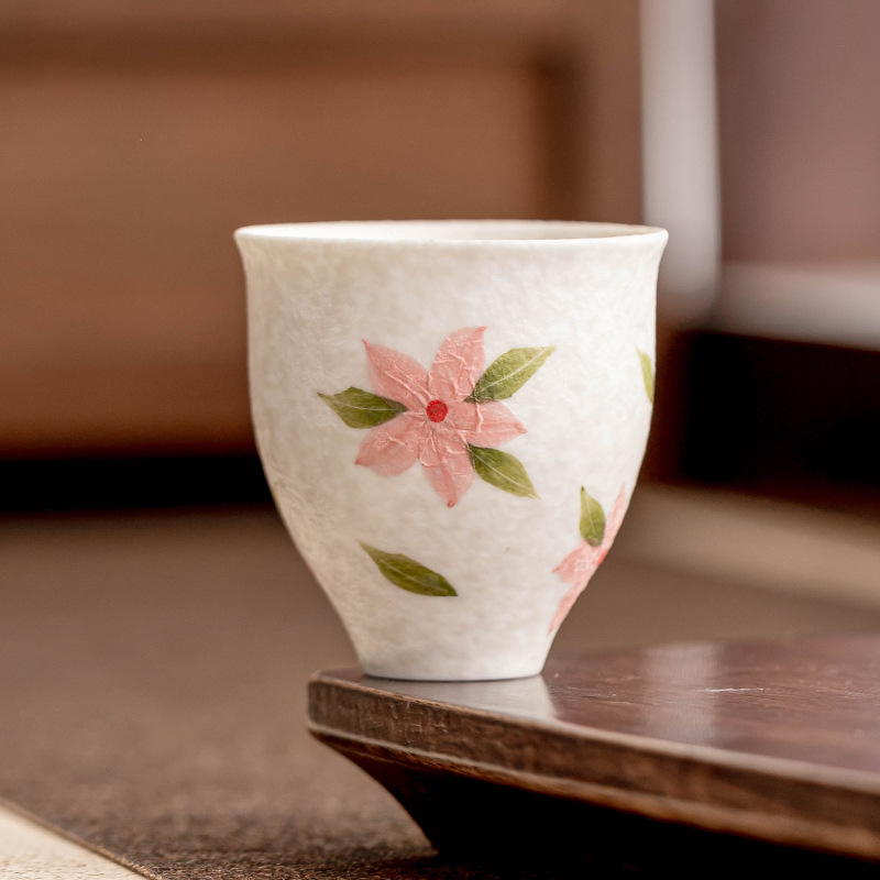 Cốc trà hoa anh đào trắng khai thác đá, bộ trà kungfu gia dụng, cốc chủ nhân gốm sứ, cốc đơn, tách trà, cốc trà chuyên dụng
