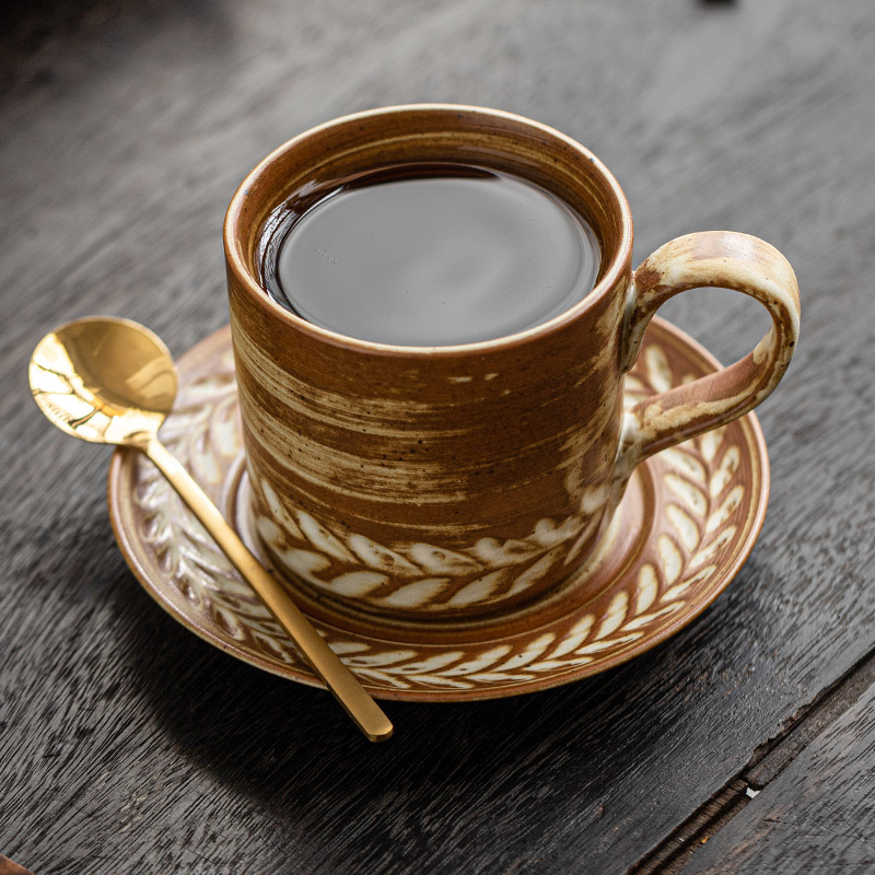 Bộ tách và đĩa cà phê họa tiết lúa mì, cốc cappuccino latte phong cách châu Âu cổ điển gia dụng, cốc kéo cà phê lạ mắt