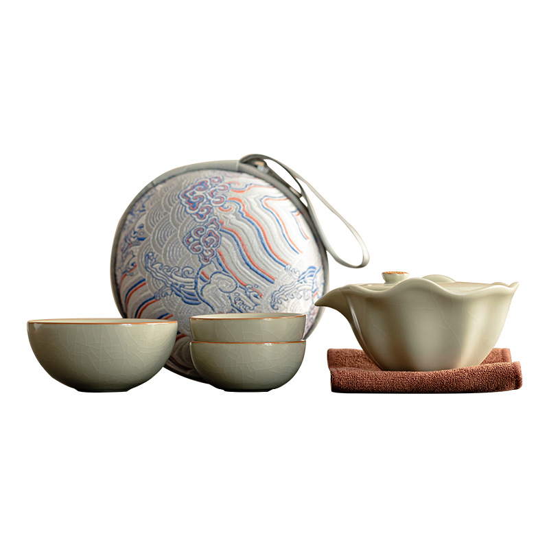 Bộ trà du lịch Ru Kiln cổ, một ấm ba cốc di động ngoài trời, bộ trà kung fu có thể mở được