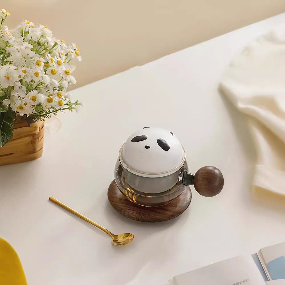 Cốc trà gấu trúc tách trà thủy tinh tách trà văn phòng trẻ em nam dễ thương sáng tạo cốc cà phê cốc nước