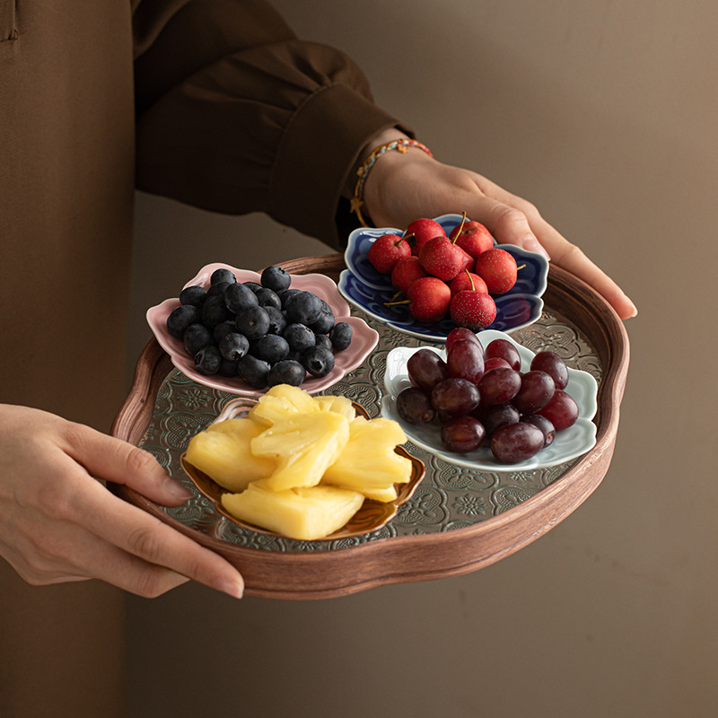 Khay trà sáu cánh Ruyi kiểu Trung Quốc, đĩa trái cây gốm sứ nhỏ, đĩa bánh ngọt, khay phòng khách, đĩa hạt dưa