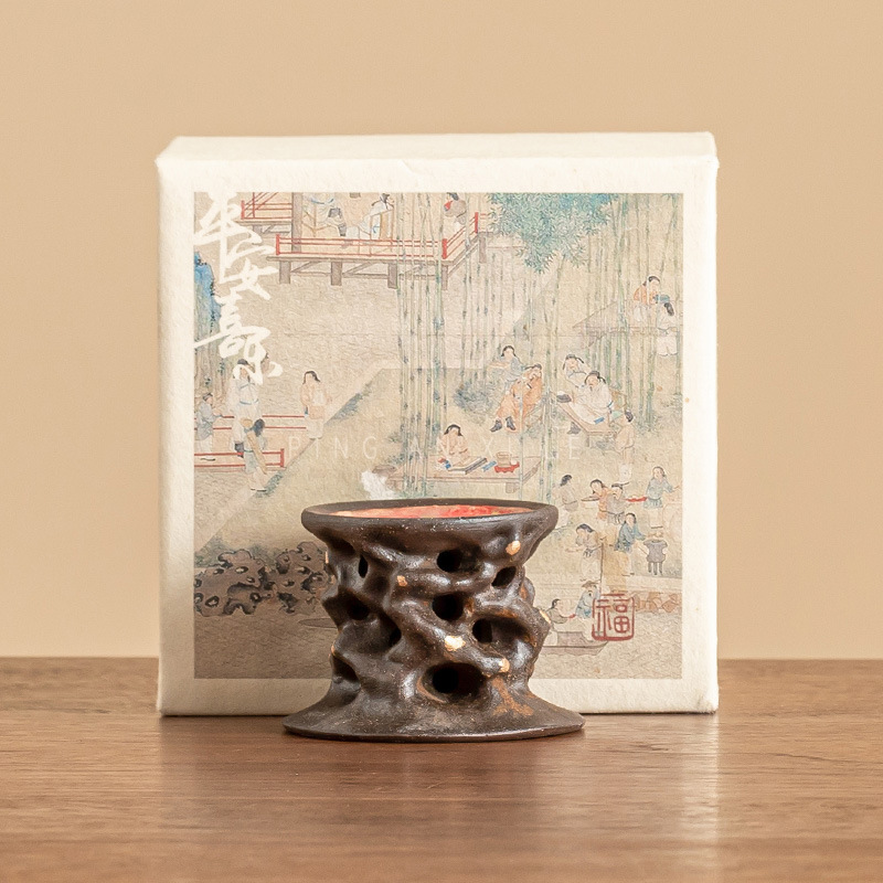 Đá mỏ màu gốm rắc vàng nắp đậy cao chân cốc đựng cốc phụ kiện trà đạo gia dụng bàn trà đồ trang trí nhỏ bằng gốm sứ thú cưng trà