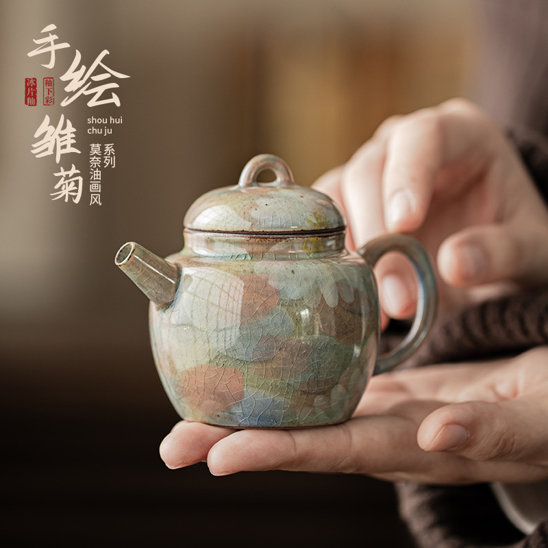 Monet sơn dầu phong cách borneol men vẽ tay hoa cúc gốm sứ ấm Siting ấm lọc ấm đơn có ấm hộp quà