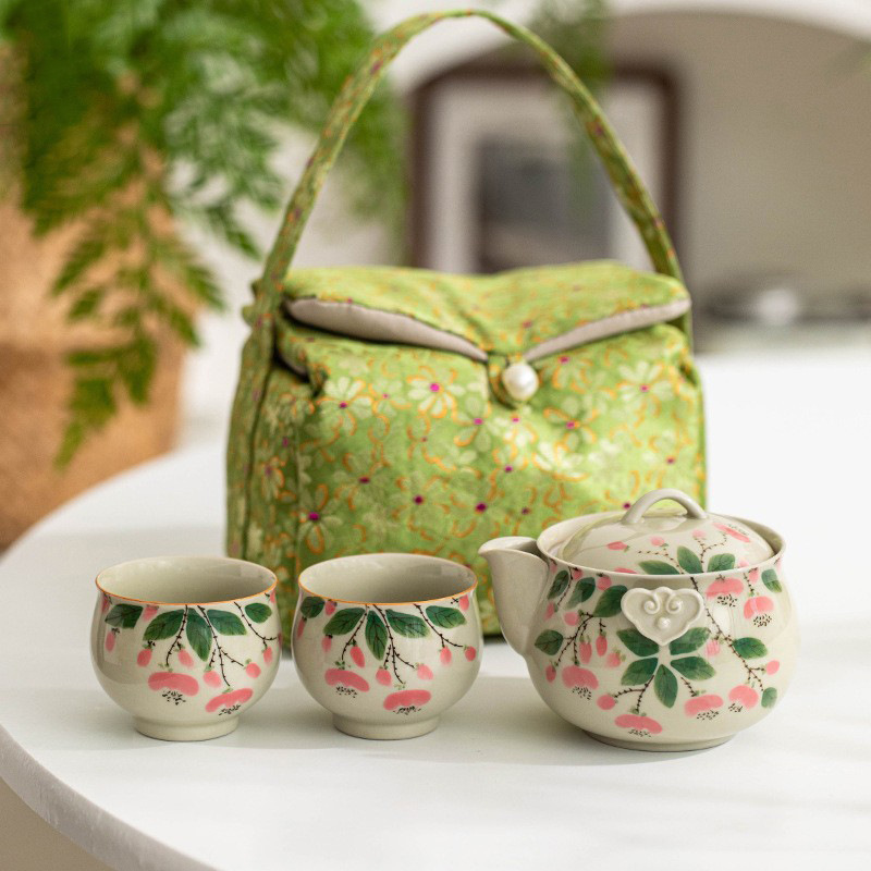 Bộ trà Kung Fu lõi hoa vẽ tay tinh khiết Bộ trà thực vật màu xám men màu một bình hai cốc Bộ đồ du lịch gốm sứ gia dụng