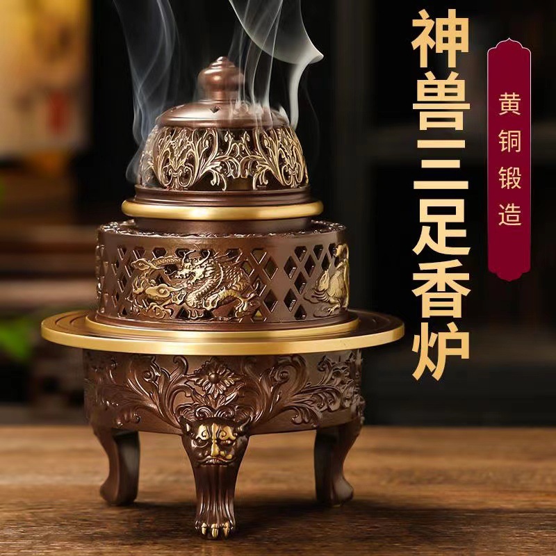 Bốn con thú thần thoại bằng đồng hương đốt hương ba chân đốt hương hộ gia đình trong nhà sáng tạo chùa hương đồ trang trí
