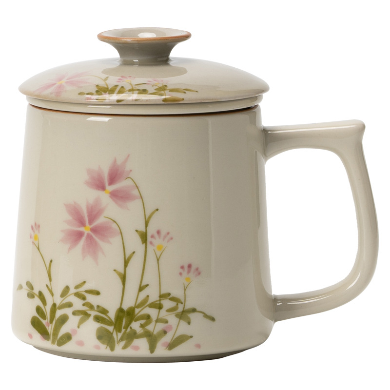 Ly trà hoa cúc vẽ tay, tách trà nước, ly văn phòng có lưới lọc, cốc gốm sứ gia dụng có nắp