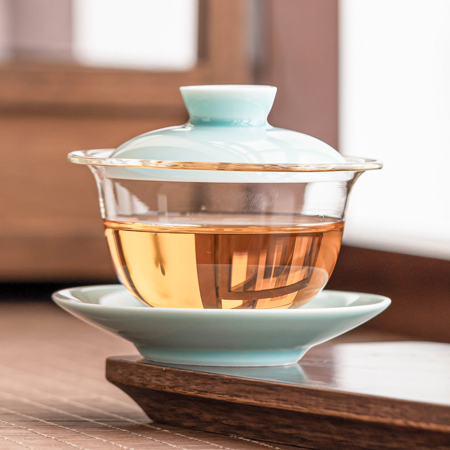 Bát nắp tam tài thủy tinh xanh trắng bát trà bát trà chịu nhiệt bộ trà gốm sứ gia dụng bát trà có nắp chống bỏng