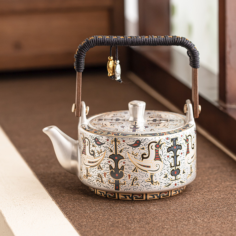 Ấm trà mạ bạc 999 ấm trà gia dụng hình chim phượng hoàng