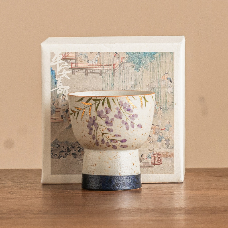 Cốc trà đen đá lửa trắng xanh cốc chủ nhân vẽ tay hoa tử đằng vẽ vàng cốc gốm sứ cốc trà chén trà không nóng tay