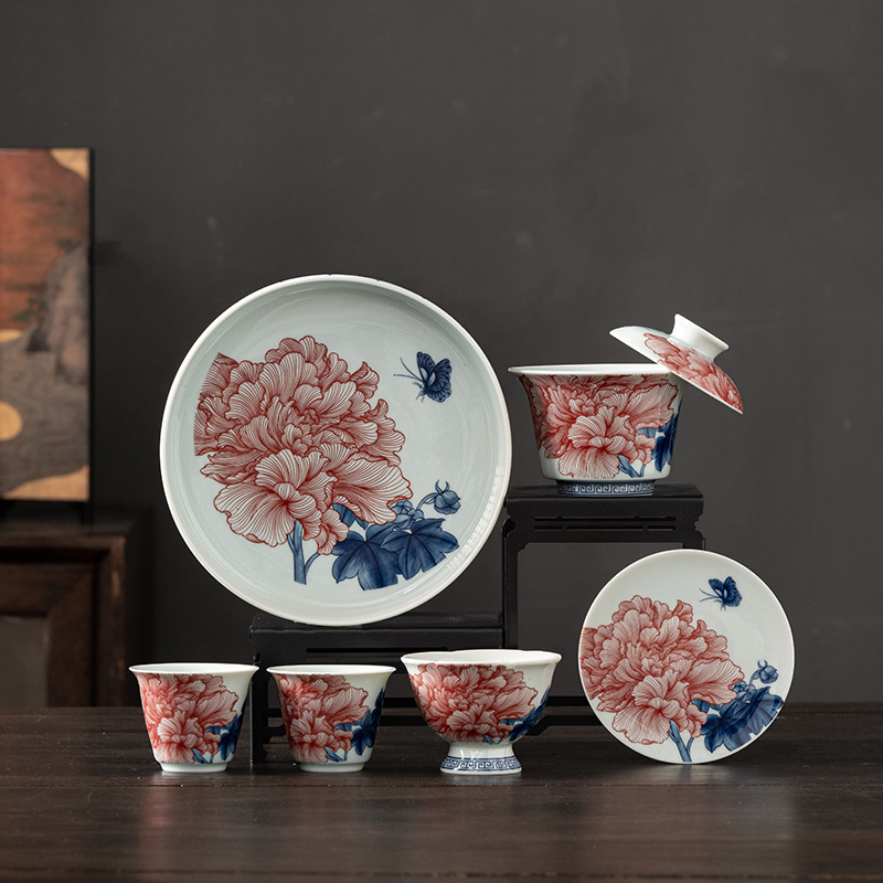 Bộ ấm trà sứ trắng xanh, cốc trà Kung Fu, bát có nắp treo, bát pha trà đơn gốm sứ tiếp khách gia dụng