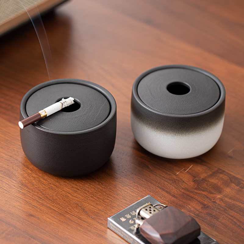 Gạt tàn hình tròn nhỏ có nắp đựng đồ trang trí sáng tạo Gạt tàn cỡ nhỏ bằng gốm sứ văn phòng gia dụng thùng đựng bã trà phòng khách