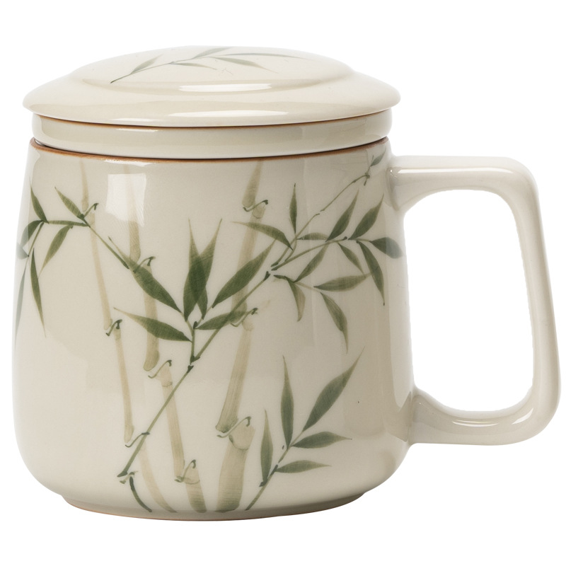 Cốc gốm sứ tre xanh ngọc bích vẽ tay Cốc pha trà tách trà có nắp cốc trà văn phòng cá nhân cốc nước