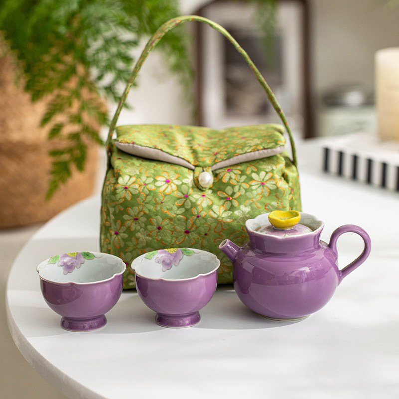 Bộ ấm trà Kung Fu vẽ tay, ấm trà hoa mẫu đơn tím tráng men màu xám thực vật, bộ đồ du lịch gốm sứ gia dụng đựng đồ