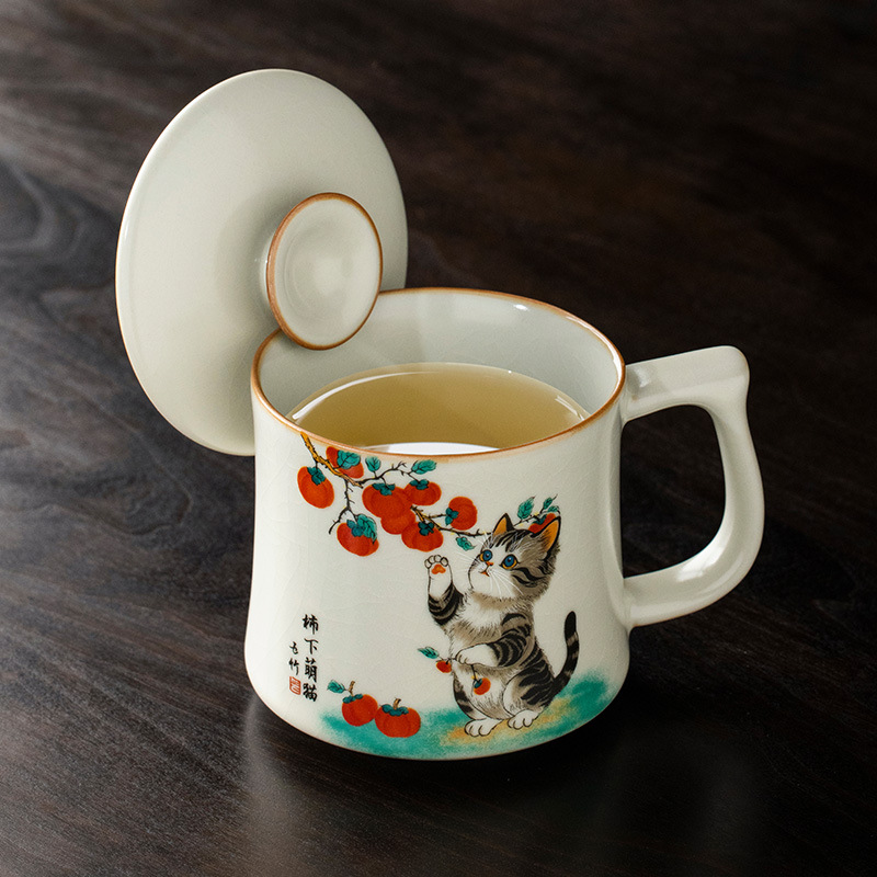 Cốc trà gốm sứ mèo dễ thương dưới hồng Ru Kiln cốc cốc nước có nắp cốc gia dụng
