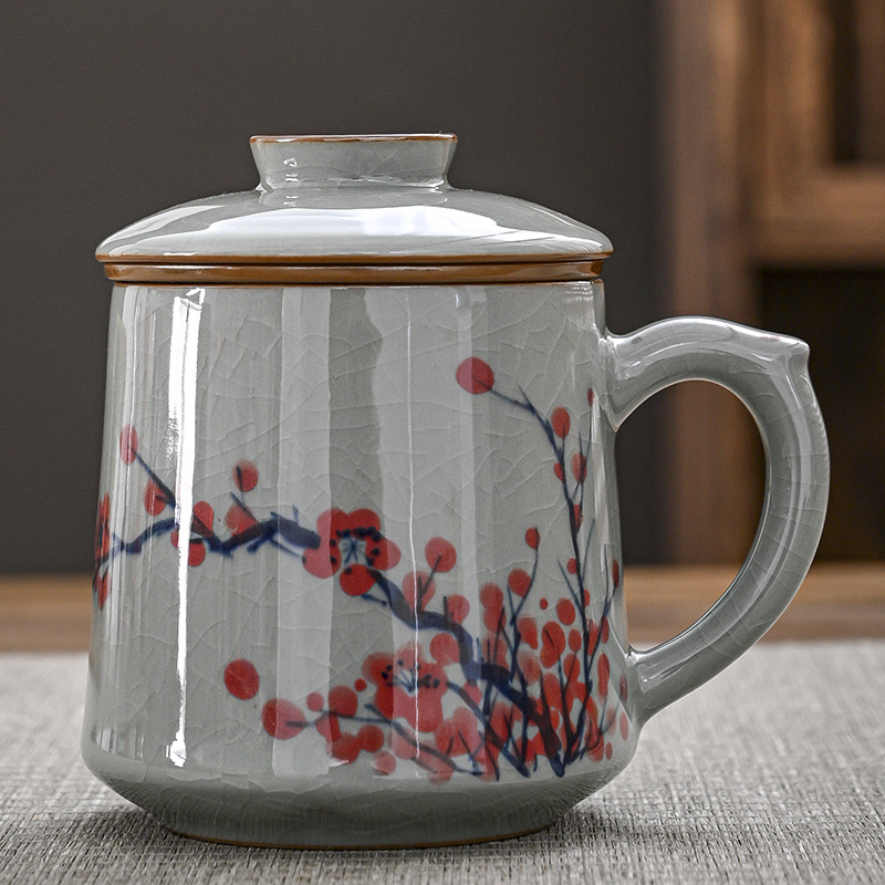 Cốc văn phòng vẽ tay đất sét già có nắp lọc lót tách trà cốc nước dung tích lớn