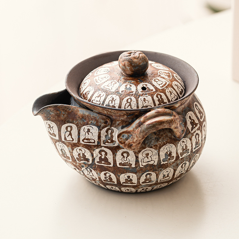 Ấm trà cầm tay Vạn Phật mạ bạc Ấm trà lọc chống bỏng Bộ trà Kung Fu cổ điển Trung Quốc Ấm Đơn gốm sứ cao cấp có nắp