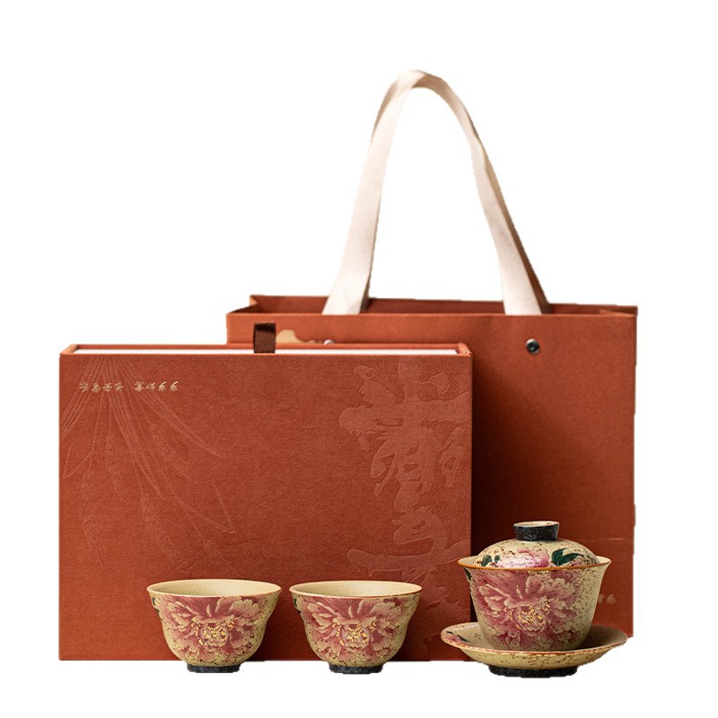 Bộ bát và hai tách màu đỏ lửa xanh trắng, bộ trà kung fu bằng gốm sứ nung trong lò kiểu Trung Quốc, thiết bị pha trà tại nhà đơn giản.