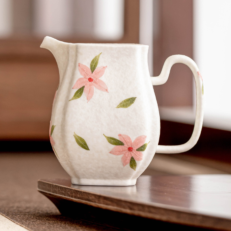 Đá vẽ tay, đá, hoa anh đào trắng, tách trà, bộ trà, bộ trà gốm sứ, cốc vuông có tai, phụ kiện trà đạo gia dụng