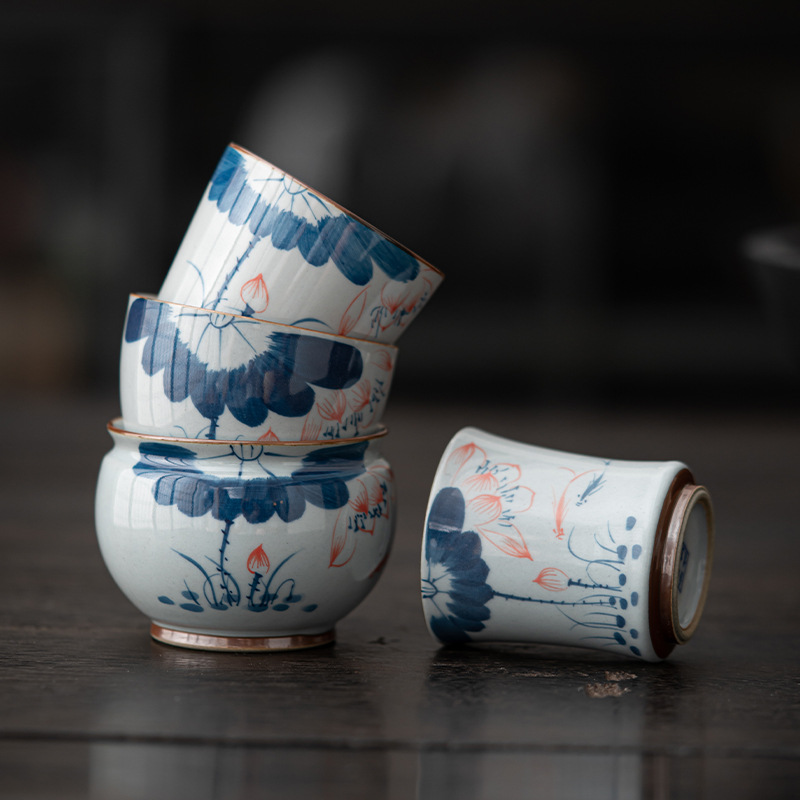 Cốc Trà Hoa sen màu xanh trắng vẽ tay kiểu Trung Quốc cốc chủ nhân tráng men cổ kính Bộ trà Kungfu gia dụng cốc đơn