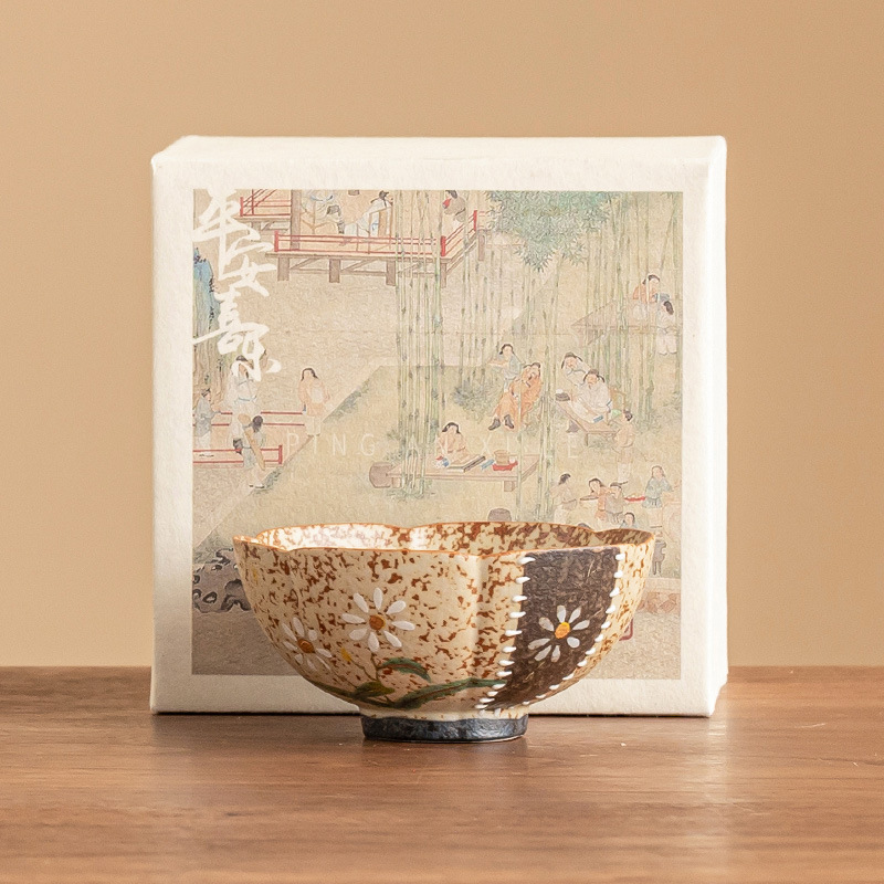 Cốc trà gốm sứ đỏ đá lửa xanh trắng cốc chủ nhân vẽ tay hoa cúc nhỏ cốc uống trà cốc đơn chén trà