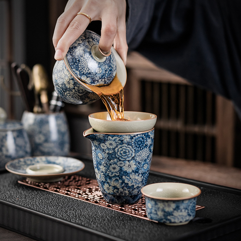Bộ ấm trà Kung Fu bằng sứ xanh trắng bằng đất sét cũ, bộ ấm trà cốc trà có nắp đậy văn phòng kiểu Trung Quốc sang trọng nhẹ cho gia đình