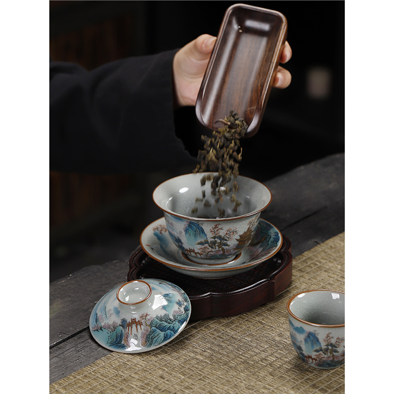 Bộ ấm trà Kung Fu bằng sứ xanh trắng bằng đất sét cũ, bộ ấm trà cao cấp phong cảnh mở kiểu Trung Quốc, bán buôn cốc trà gia dụng