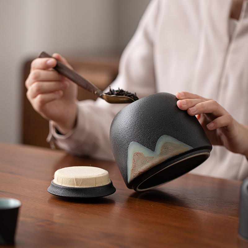 Tranh tráng men Màu Yuanshan Yuanrong Bồn đựng trà Trà Pu'er gia dụng vẽ tay Bồn đựng trà kín chống ẩm