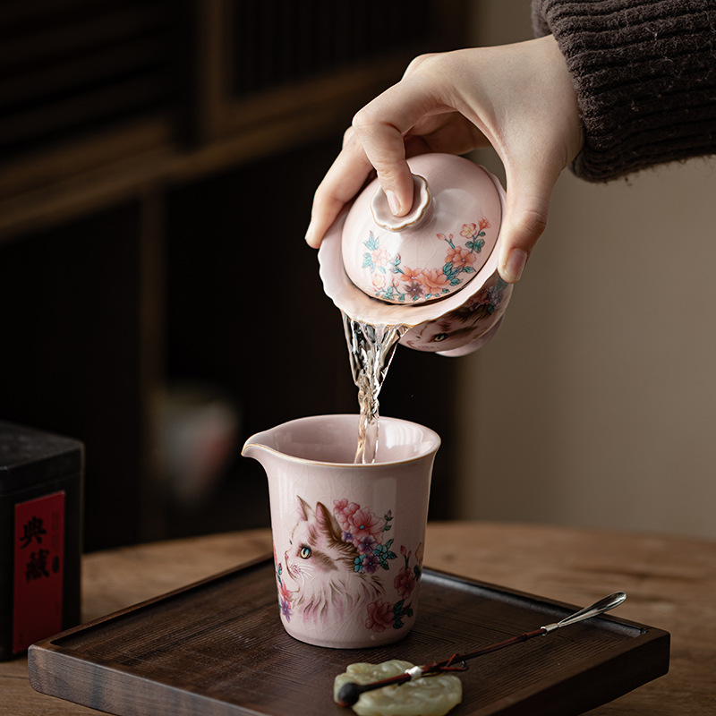 Bát có nắp gốm sứ hình mèo hồng cổ dụng dụng cụ pha trà có nắp tách trà bát pha trà hộp quà