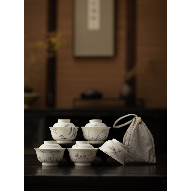 Vẽ tay cốc khách nhanh một người uống gốm sứ du lịch bộ trà cầm tay pha trà ngoài trời có nắp cốc trà một người dùng làm quà lưu niệm