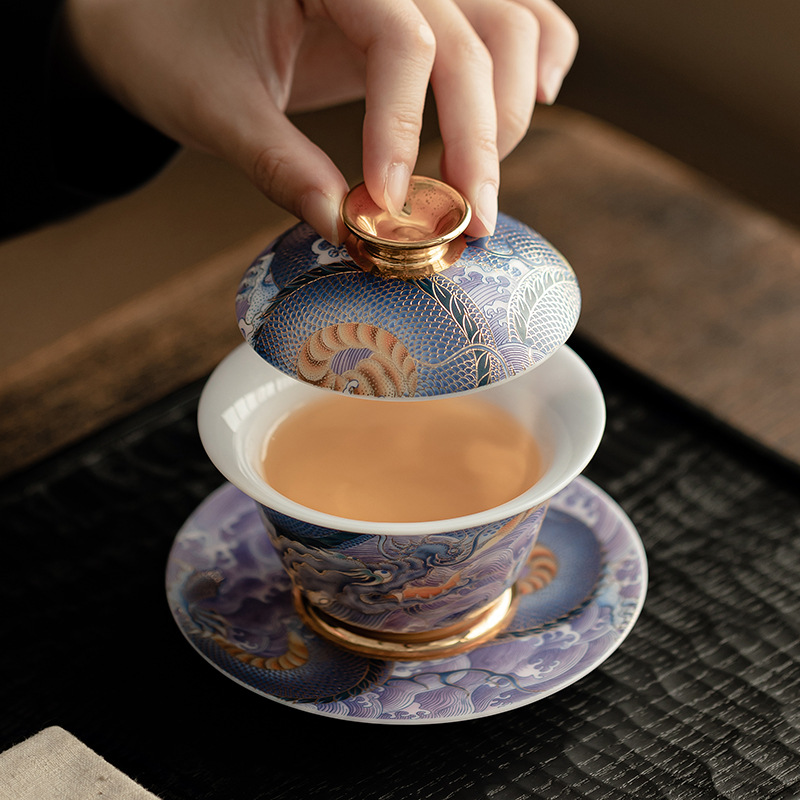 Bát có nắp sứ xanh trắng ngọc bích cốc pha trà men màu gia dụng bát có nắp tam tài cung đình cổ điển bộ trà một Kung Fu