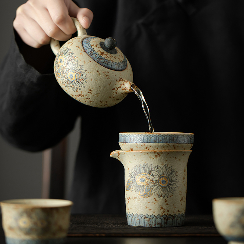 Bộ ấm trà đá núi lửa trắng xanh cao cấp, ấm trà gốm sứ gia dụng, cốc trà, bộ trà trọn bộ, quà tặng