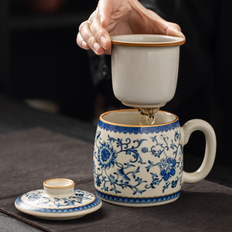 Cốc pha trà hoa sen xanh trắng Ru Kiln cốc nước tách trà gốm sứ có nắp cốc cốc văn phòng cá nhân